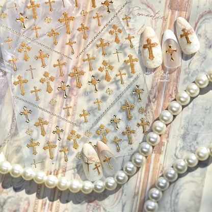 Gold Silver Metal Nail Stickers Dark Retro High-end Cross Nail Art Accessories Sticker Back Blue Nails 3D Decorations Decals 