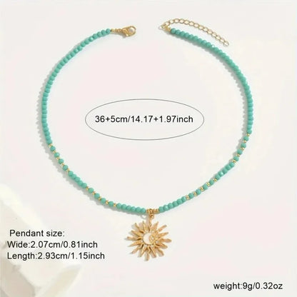 Retro Golden-Toned Sun Pendant Necklace for Women Elegant Turquoise Beads Chain Choker Neck Statement Party Vintage Jewelry G