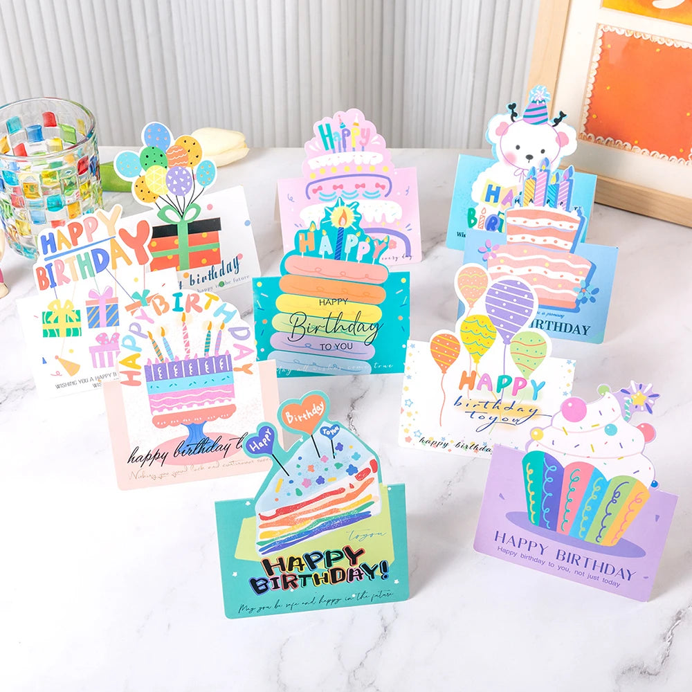10 birthday cards, 3D small size cartoon, simple folding, handwritten blessing message, birthday card - polychrome