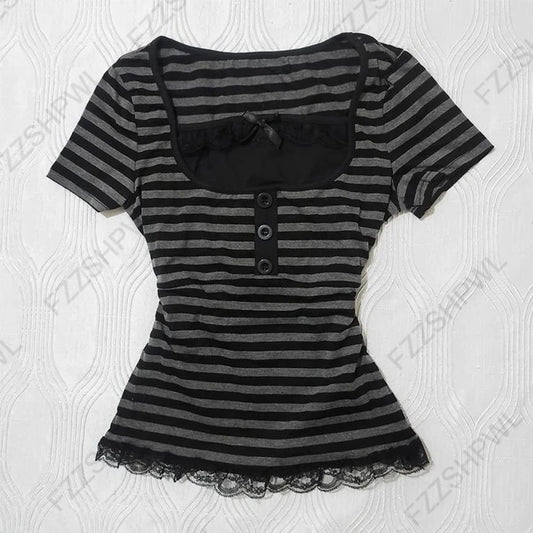 Vintage Slim Lace T-shirt Solid Color Casual Pattern Commuter High Street Fashion Y2K Cropped Top Trash Punk hop Women's T-sh