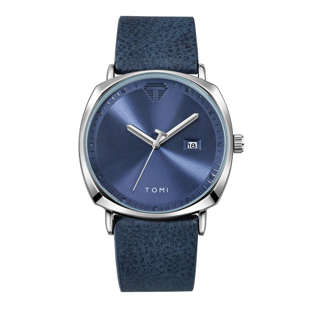 TOMI Men's Watch Minimalist Fashion Sports Watch Calendar Leather Casual Quartz Watch - Blue silver