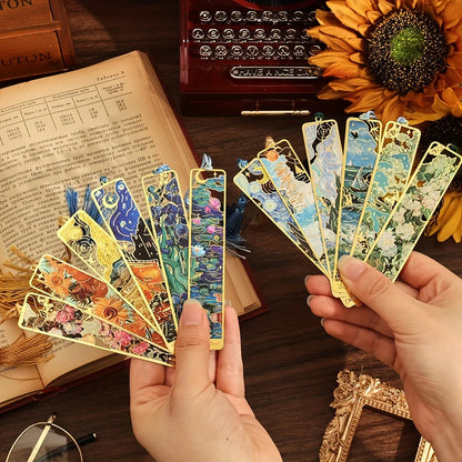 Vintage Oil Painting Metal Bookmarks - Hollow Hot Stamping Long Tassel Bookmarks - Stationery Gifts for Book Clubs, Book Love