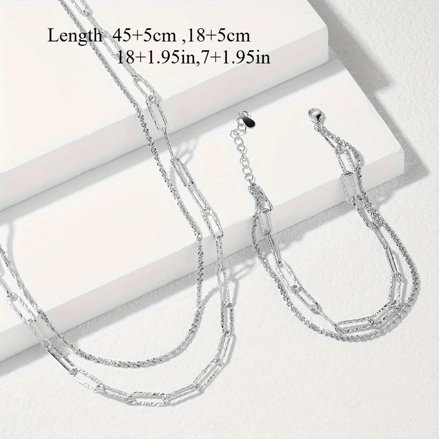 2pcs Charms 925 Sterling Silver Necklace Bracelet set for women men Paperclip Chain fine Design Match Daily Party wedding par
