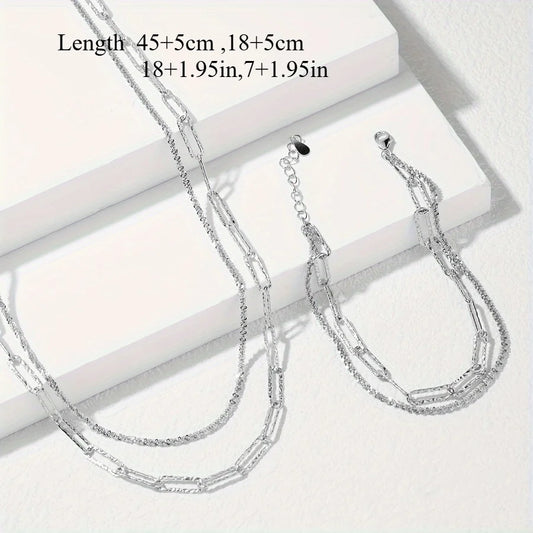 2pcs Charms 925 Sterling Silver Necklace Bracelet set for women men Paperclip Chain fine Design Match Daily Party wedding par