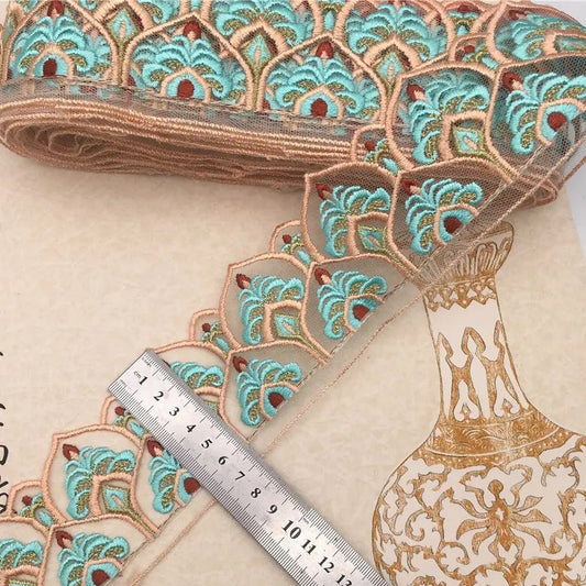2 Yards 7CM Blue Peacock Lace Trims Ribbon Fabric Clothing Decorative Embroidered for Garments Headdress Sewing Supplies New