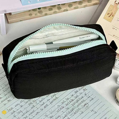 Simplicity Solid Color Pen Bag Zipper Design Large Capacity Pencil Case Portable Stationery Bag Gift - Black