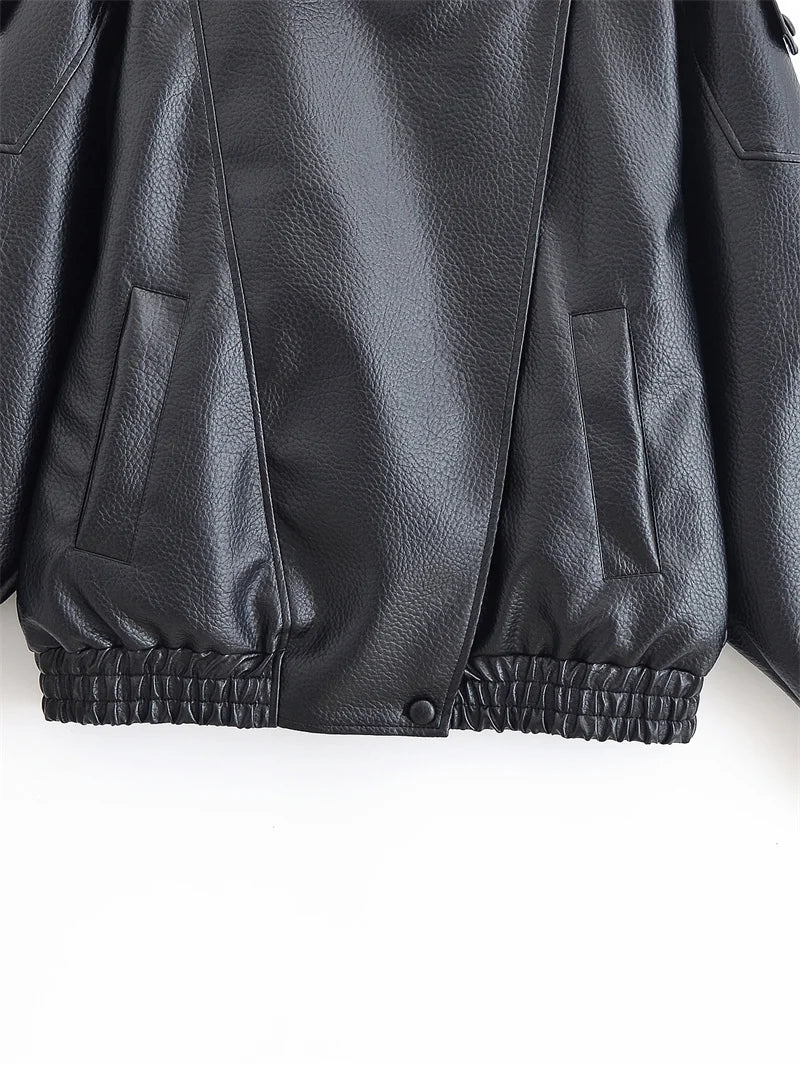 Women's Jacket 2026 Autunm New Black Long Sleeve Pebble Faux Leather Jacket Motorcycle Style Personality Fashion
