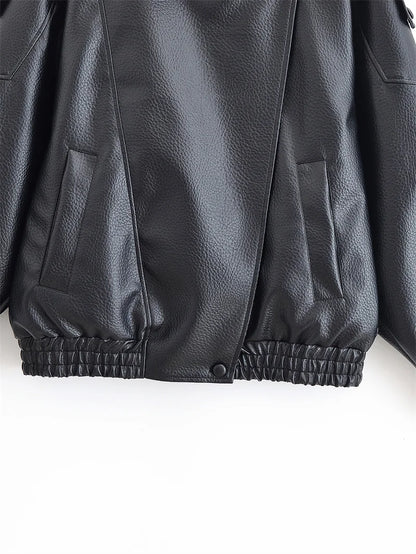 Women's Jacket 2026 Autunm New Black Long Sleeve Pebble Faux Leather Jacket Motorcycle Style Personality Fashion