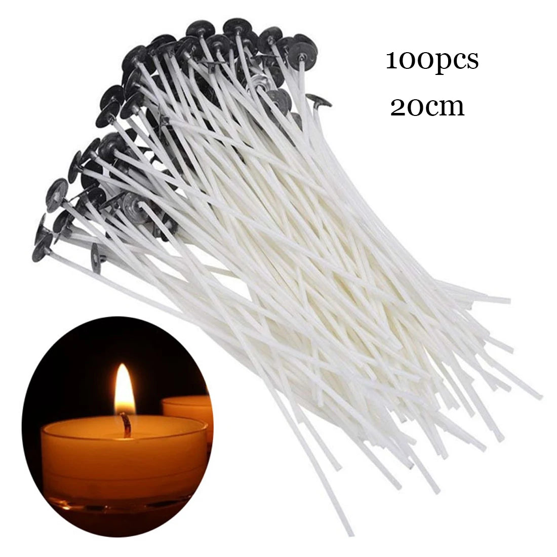 Smokeless Candle Wicks 2.6-20cm Pre-Waxed Cotton Core Wicks with Metal Sustainer Tabs DIY Handmade Candle Making Tools - 20 C