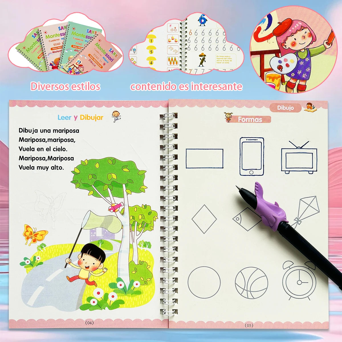 4 Booksset Notebook Spanish Sketchbook Montessori Calligraphy Magic Book Copybook Handwriting Early Learn