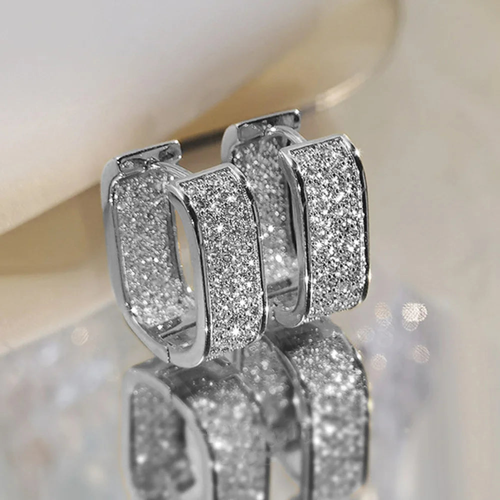 Luxury Full of Zircon Shiny Geometric Square Hoop Earrings for Women Temperament Gold Color Stainless Steel Korea Jewelry Gif