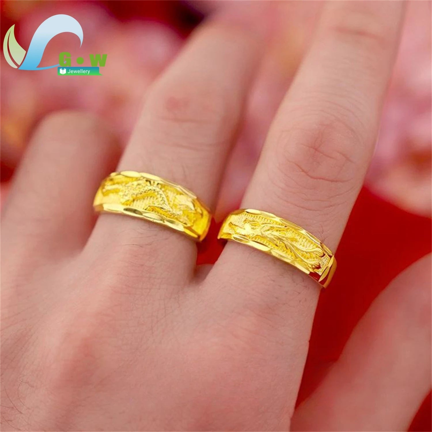 Fancy Gold Carve Dragon Phoenix Couple Adjustable Open Rings Stone Lucky Charm Band Classic Elegant Fashion Jewelry Gift Wedd