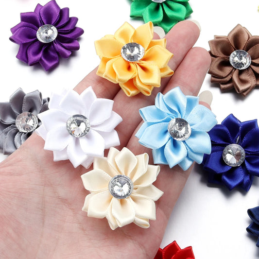 20pcs/lot 40mm Mini Inlaid Rhinestones Small Handmade DIY Satin Ribbon Flowers Head Decorate Clothing Supplies Accessories