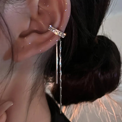 Silver Color Crystal Tassel Non-Piercing Cuff Ear Clip Earring For Women Shiny Rhinestone Chain Fake Cartilage Piercing Jewel