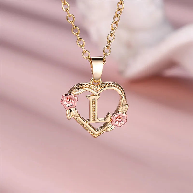 Female A-Z Letter Flower Pendant Necklace Yellow Gold Color Wedding Jewelry Gift For Women - L