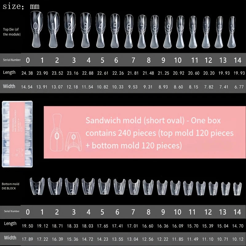 Dual-Form Nail Forms, 240 Pieces, Base and Top Molds, Nail Molds, Can Quickly Extend Nails, No Paper Form Needed, 15 Sizes Pl