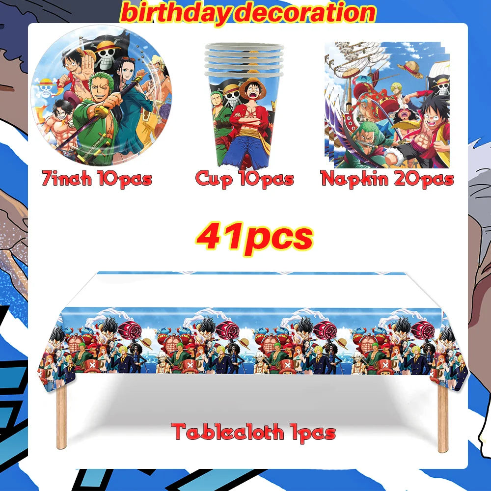 One Piece Birthday Party Dinner Plates Hanging Banner Cake Decoration One Piece Luffy Balloon Party Decoration Theme Props Gi