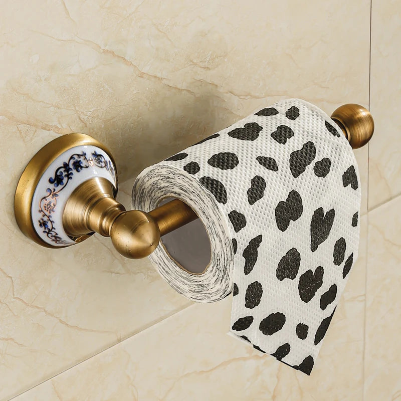 Antique Brushed Solid Brass Bathroom Accessories Sets European Porcelain Bathroom Hardware Sets Ceramic Retro Bathroom Produc