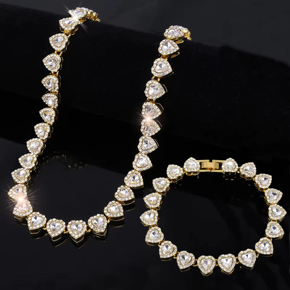 ZAKOL 45CM New Hip Hop Tennis Chain Bracelet Necklace Shiny Heart Rhinestone CZ Fashion Rock Party Jewelry Set - Gold Color S