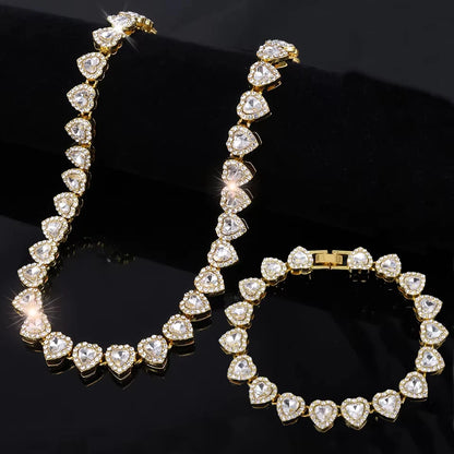 ZAKOL 45CM New Hip Hop Tennis Chain Bracelet Necklace Shiny Heart Rhinestone CZ Fashion Rock Party Jewelry Set - Gold Color S