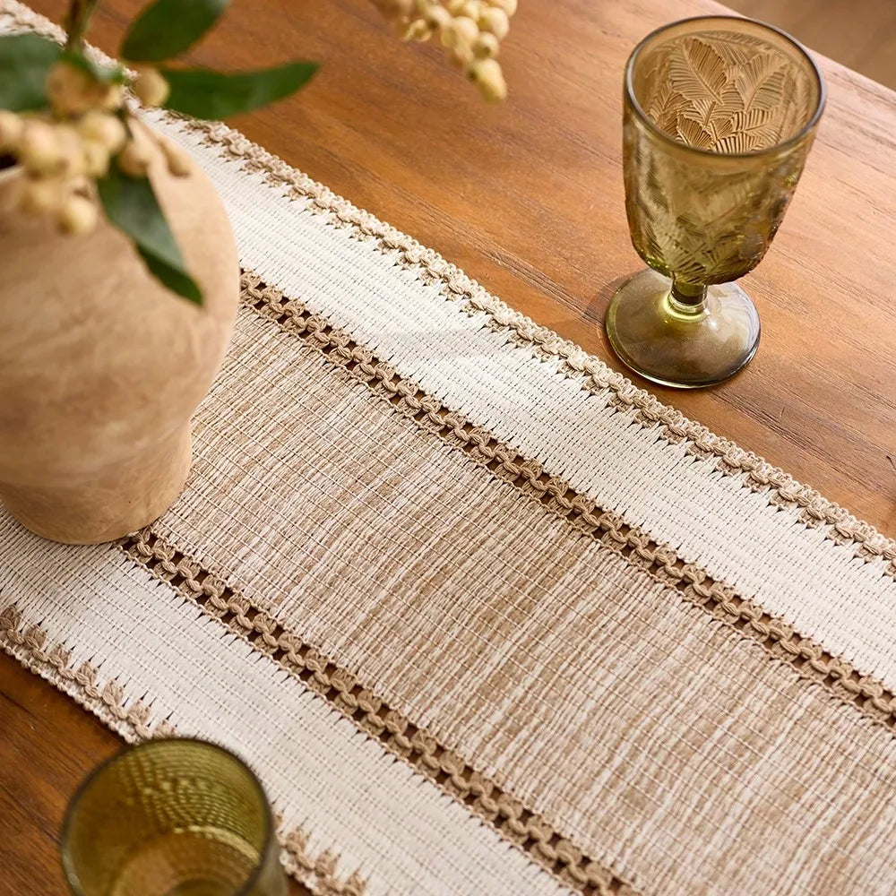 Nordic Boho Striped Green Table Runner - Hand - Woven Tassels, Ideal for Spring Tables, Round Coffee Tables & Rustic Home Dec