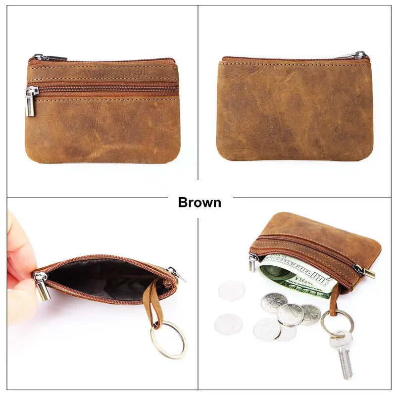 Retro Genuine Leather Coin Purse with Keychain for Men & Women Cowhide Zipper Coin Wallet Vintage Key Holder
