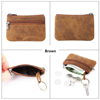 Retro Genuine Leather Coin Purse with Keychain for Men & Women Cowhide Zipper Coin Wallet Vintage Key Holder