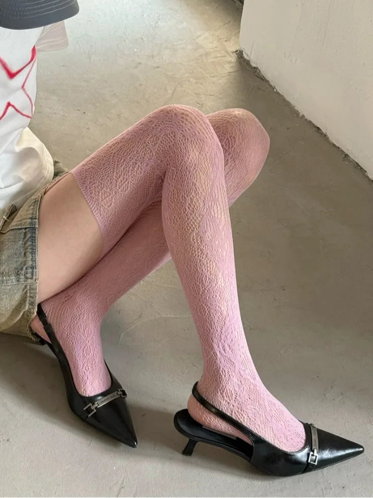 New Floral Pattern Coffee Fishnet Stockings with Suspender Women Sexy Brown Hollow Out Mesh Thigh High Socks Lolita Long Sock