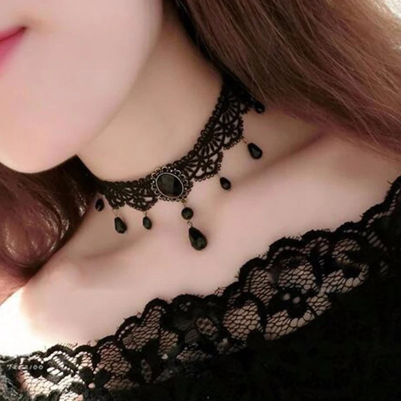 New Sexy Gothic Chokers Crystal Black Lace Neck Choker Necklace Vintage Victorian Women Chocker Steampunk Jewelry