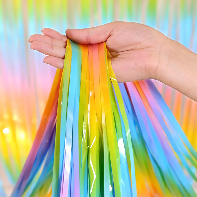 Rainbow Foil Fringe Curtain Gradient Macaron Curtains Photo Booth Backdrop for Wedding Birthday Baby Shower Party Decorations