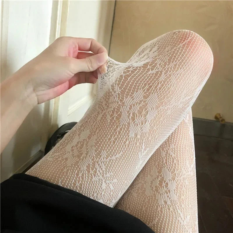 Women Sexy Black White Lolita Hollowed Lace Mesh Stockings Bottomed Pantyhose Japanese Goth Floral Rattan Fishnet Classic Tig