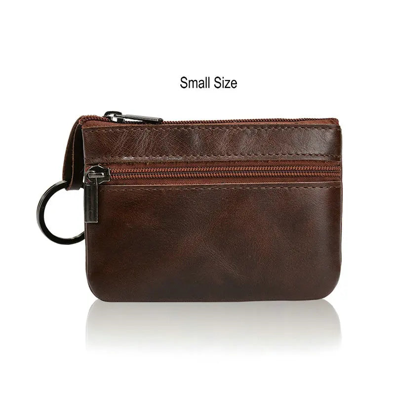 Retro Genuine Leather Coin Purse with Keychain for Men & Women Cowhide Zipper Coin Wallet Vintage Key Holder - small darkbrow