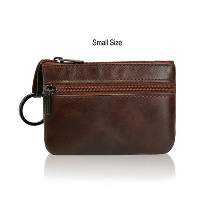 Retro Genuine Leather Coin Purse with Keychain for Men & Women Cowhide Zipper Coin Wallet Vintage Key Holder - small darkbrow