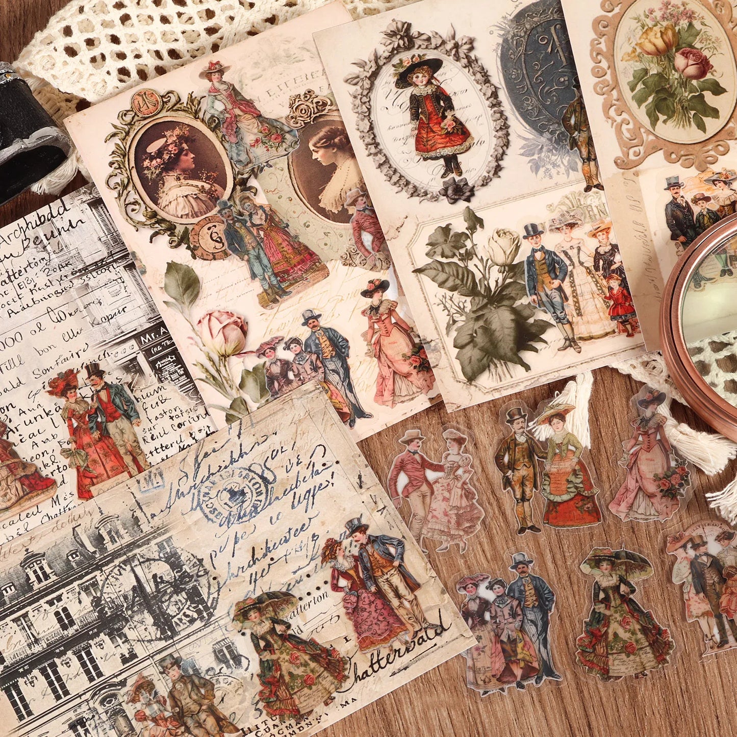 18sheets(70+stickers) Art Paper and PET Vintage Victoria Self-adhesive Scrapbook Sticker Pack, for Scrapbooking Supplies, Lap