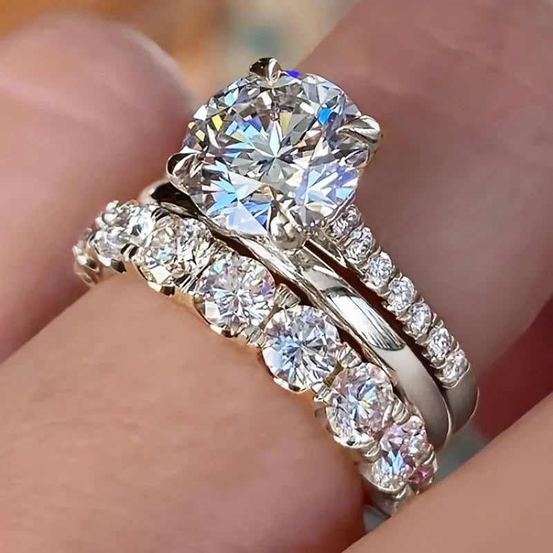 Huitan Gorgeous 3Pcs Set of Rings Female Luxury Shiny Round Zirconia Finger Jewelry Fashion Gold Color Accessories for Weddin