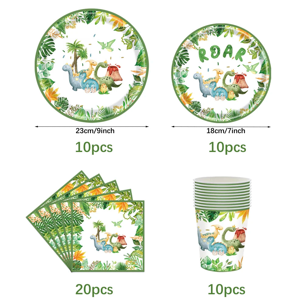Cartoon Dinosaur Birthday Disposable Tableware Paper Plates Cups Napkin Tablecloth Dinosaur Roar Theme Birthday Party Decorat