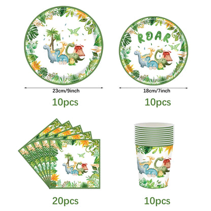 Cartoon Dinosaur Birthday Disposable Tableware Paper Plates Cups Napkin Tablecloth Dinosaur Roar Theme Birthday Party Decorat