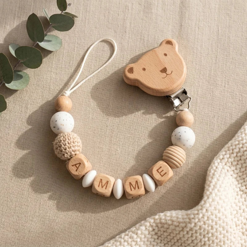 Personalized Pacifier Clip Custom Name Silicone Wooden Beads Baby Teether Chain Soother Holder BPA Free Newborn Baby Shower G