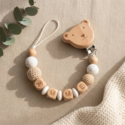 Personalized Pacifier Clip Custom Name Silicone Wooden Beads Baby Teether Chain Soother Holder BPA Free Newborn Baby Shower G