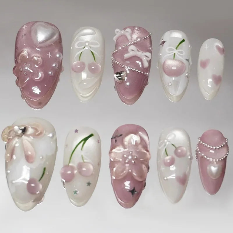24Pcs Short Round Almond Lovely False Nails Full Cover Fresh Cartoon Fruit Pattern Designs Wearing Nails Art French Summer Na