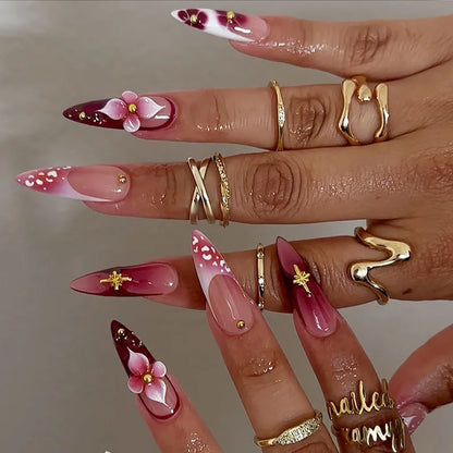 24pcs Long Almond Press on Nails False Nails with Golden Decoration Wearable Stick-on Nails Fake Nail Uñas Накладные Ногти 네일