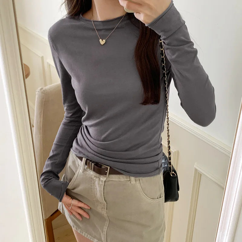 Spring Autumn T shirt Women Tops Solid Slim Fit Long Sleeve O Neck Tshirts Female Casual Streetwear Base Tees