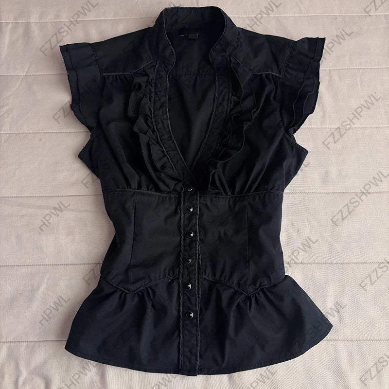 Gothic Women's Shirt Chic Aesthetic Grunge High Street American Style Striped Lace-up Slim Fit Fashion Hip Hop Short Sleeve T
