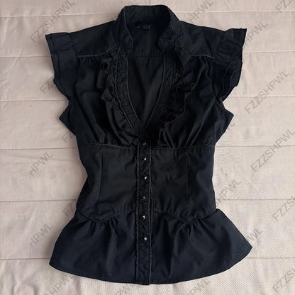 Gothic Women's Shirt Chic Aesthetic Grunge High Street American Style Striped Lace-up Slim Fit Fashion Hip Hop Short Sleeve T