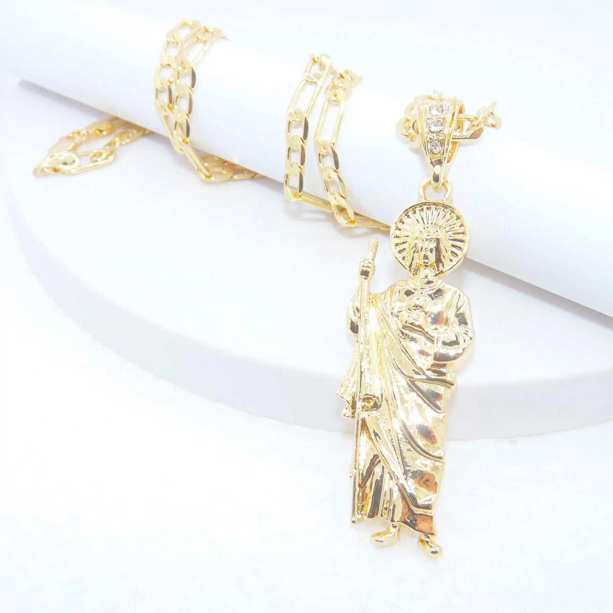 Saint Jude Necklace 14K Gold Plated San Judas Pendant Figaro Chain - Gold-color