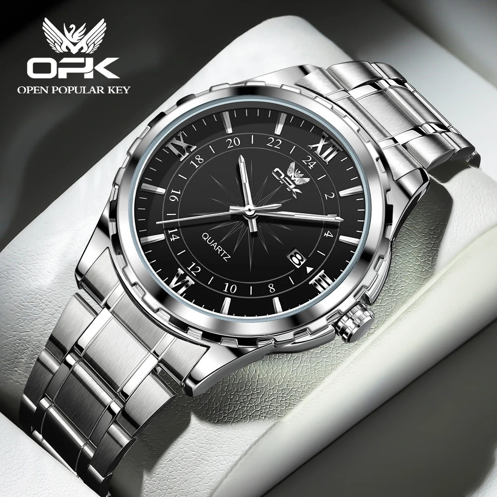 OPK Brand Steel Belt Dual Calendar Men's Quartz Watch 6003 - black B