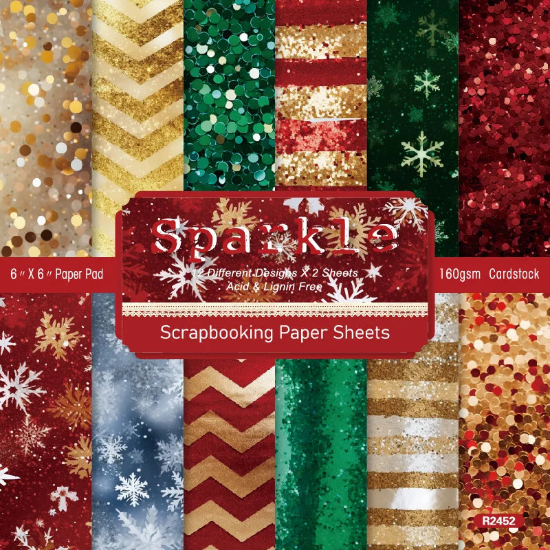 12 Sheet Scrapbooking Paper 15x15cm, Christmas Journal Planner Paper Pad Cardstock Backgrounds Card for DIY Art Craft Decorat