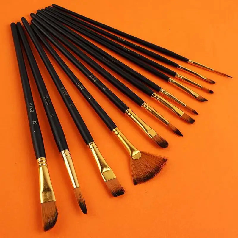 Multi-functional Watercolor Gouache 12 Pcs Short Wood Rod Oil Painting Brush Set Art Tool Beginner Nylon Hair Acrylic Materia