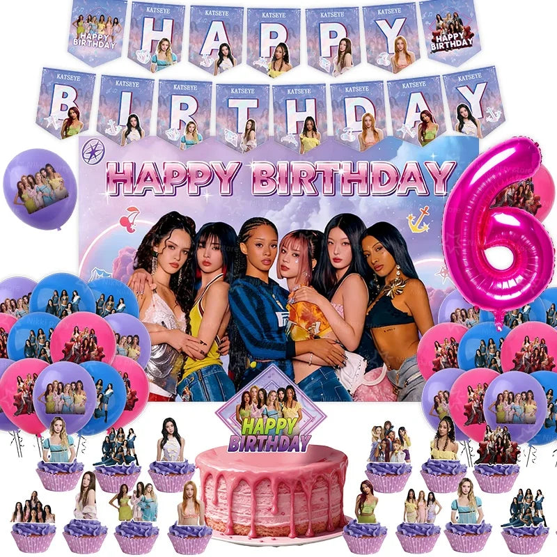 New Katseye Birthday Decoration Superstar Party Favors Stickers Poster Balloons Backdrop Banner Cake Decoration Baby Showe Gi