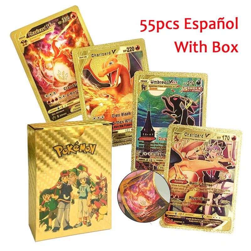 55pc English card Charizard Gold Foil Cards Golden Letters English Spanish Game Card Metalicas Vmax Gx Series Gift - Spanish 